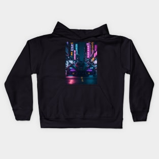 Dark Neon Sports Car in Japanese Neon City Kids Hoodie